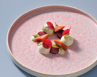 A close-up of a colorful dish featuring a red petal, a green leaf with red veins, an orange vegetable slice, and creamy white sauce on a textured pink plate. Description generated by AI