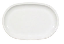 A plain white oval ceramic plate with a smooth surface and slightly raised edges. Description generated by AI