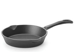 A black cast iron skillet with a handle and two pouring spouts on opposite sides is shown on a white background. Description generated by AI