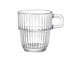 A clear glass mug with vertical ridges and a rectangular handle. Description generated by AI
