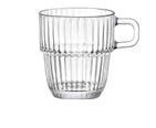A clear glass mug with vertical ridges and a rectangular handle. Description generated by AI