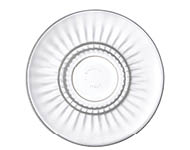 A clear glass plate with a ridged pattern and the words “Bormioli Rocco Italy" embossed on the bottom center. Description generated by AI