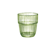 A translucent green glass with vertical ridges and a slightly tapered shape. Description generated by AI