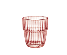 A translucent pink glass tumbler with vertical ridges and a slightly tapered shape. Description generated by AI