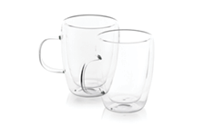 Two clear double-walled glass mugs are shown, one with a handle and one without, placed on a white surface. Description generated by AI