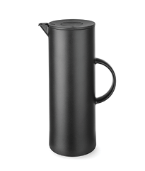 A sleek black cylindrical pitcher with a handle on the side and a spout on the top. Description generated by AI