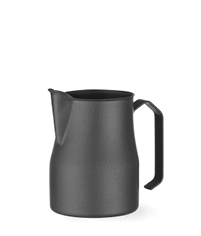A matte black metal pitcher with a spout and a handle designed for pouring. Description generated by AI