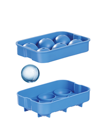A blue silicone ice cube tray with spherical molds and one clear spherical ice ball shown above it. Description generated by AI