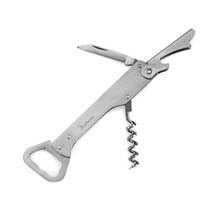 A stainless steel multi-tool with a bottle opener, corkscrew, small knife, and lever for opening bottles. Description generated by AI