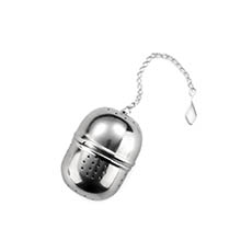 A stainless steel capsule-shaped tea infuser with small perforations and a chain attached for easy removal. Description generated by AI