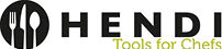 A black circular logo featuring a fork, knife, and spoon with the text “HENDI Tools for Chefs" beside it. Description generated by AI