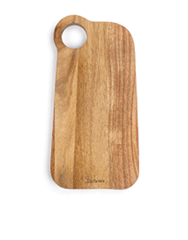 A rectangular wooden cutting board with rounded corners and a circular hole near one corner. Description generated by AI