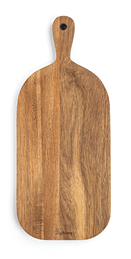 A rectangular wooden cutting board with rounded corners and a handle featuring a hole for hanging. Description generated by AI