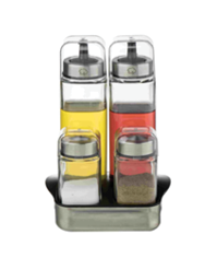 A set of four clear glass containers with metal lids holding yellow oil, red vinegar, white salt, and black pepper, arranged on a metal tray. Description generated by AI