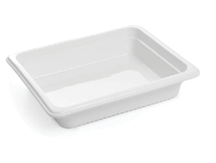 A white rectangular plastic tray with slightly raised edges and a smooth interior surface. Description generated by AI