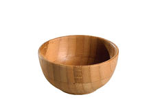 A small round wooden bowl with a smooth finish and visible wood grain patterns. Description generated by AI