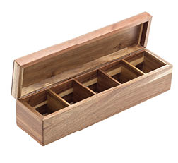 A wooden rectangular box with an open hinged lid and five empty compartments inside. Description generated by AI