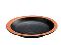 A shallow black bowl with a wide brown rim is shown against a white background. Description generated by AI