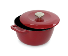 A red cast iron pot with a partially open lid showing a black interior and a silver knob on top. Description generated by AI