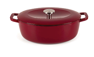 A red oval cast iron pot with a matching lid and two handles on a white background. Description generated by AI