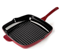 A red square grill pan with a long handle and ridged black cooking surface. Description generated by AI