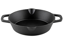 Black cast iron skillet with two handles and a pouring spout on a white background. Description generated by AI