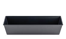 A rectangular black metal loaf pan with straight sides and a smooth finish. Description generated by AI