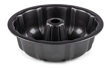 A black non-stick Bundt cake pan with a fluted design and a hollow center tube. Description generated by AI