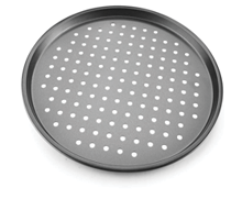 A round metal pizza pan with evenly spaced holes covering its surface. Description generated by AI