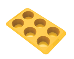 A yellow silicone mold tray with six round cavities arranged in two rows of three. Description generated by AI