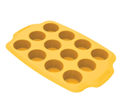 A yellow silicone mold tray with twelve round cavities designed for baking or making treats. Description generated by AI