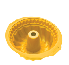 A yellow silicone bundt cake mold with a fluted design and a central tube. Description generated by AI