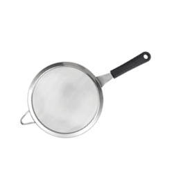 A stainless steel fine mesh splatter screen with a black handle and a small metal stand. Description generated by AI