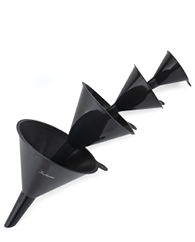 Four black plastic funnels of different sizes nested inside each other on a white background. Description generated by AI