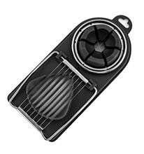 A black and silver egg slicer with a hinged wire grid and a circular section for slicing or separating eggs. Description generated by AI