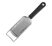 A handheld stainless steel grater with a black plastic handle and a hole for hanging. Description generated by AI