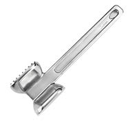 A stainless steel meat tenderizer with a long handle and a dual-sided head featuring one flat side and one side with raised points. Description generated by AI