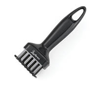 A black meat tenderizer tool with multiple metal blades and a handle featuring a hanging hole. Description generated by AI