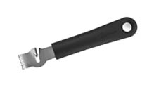 A black-handled metal tool with a flat end featuring small holes and a curved notch, designed for opening bottles or cans. Description generated by AI