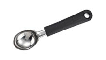 A stainless steel ice cream scoop with a black handle featuring a hole at the end for hanging. Description generated by AI