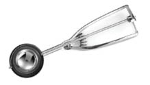 A stainless steel ice cream scoop with a black rubber grip on the handle. Description generated by AI