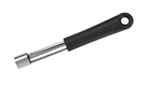 A stainless steel and black plastic kitchen tool with a cylindrical, serrated end designed for coring fruits or vegetables. Description generated by AI