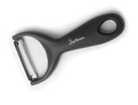 A black Y-shaped vegetable peeler with a hole in the handle and a horizontal metal blade. Description generated by AI