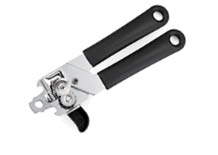 A manual can opener with black handles and a silver metal cutting mechanism. Description generated by AI