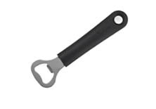 A metal bottle opener with a black plastic handle featuring a hole at the end for hanging. Description generated by AI