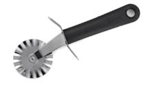 A stainless steel pastry wheel with a black handle and a protective guard near the blade. Description generated by AI