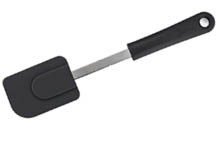 A black silicone spatula with a metal handle and a hole at the end of the handle for hanging. Description generated by AI