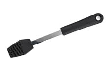 A black silicone basting brush with a metal handle and a hole at the end for hanging. Description generated by AI