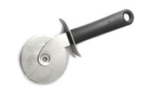 A close-up of a pizza cutter with a black handle and a round stainless steel blade. Description generated by AI