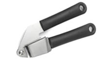 A stainless steel garlic press with black handles is shown against a white background. Description generated by AI
